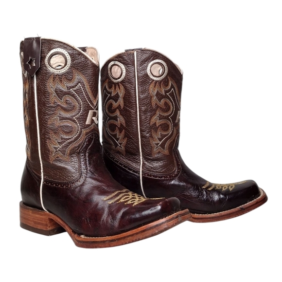 Boots Men's Brown Leather Pull-On Square Toe Rodeo Cowboy Western Boots Sz 8 - Picture 1 of 16